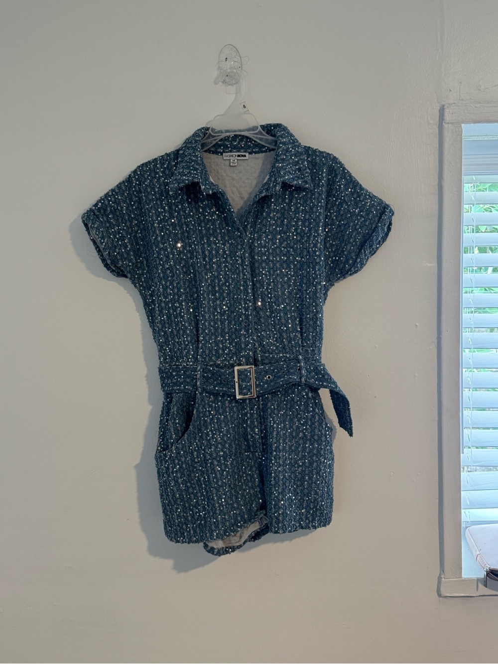 Fashion Nova Blue Sequined Short Sleeve Romper
